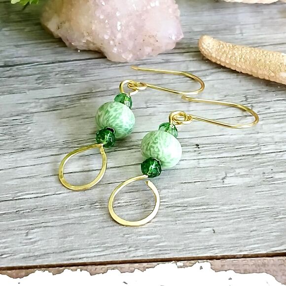 Boho Chic Green Beaded Hammered Dangle Earrings, Statement Artisan - Picture 2 of 5